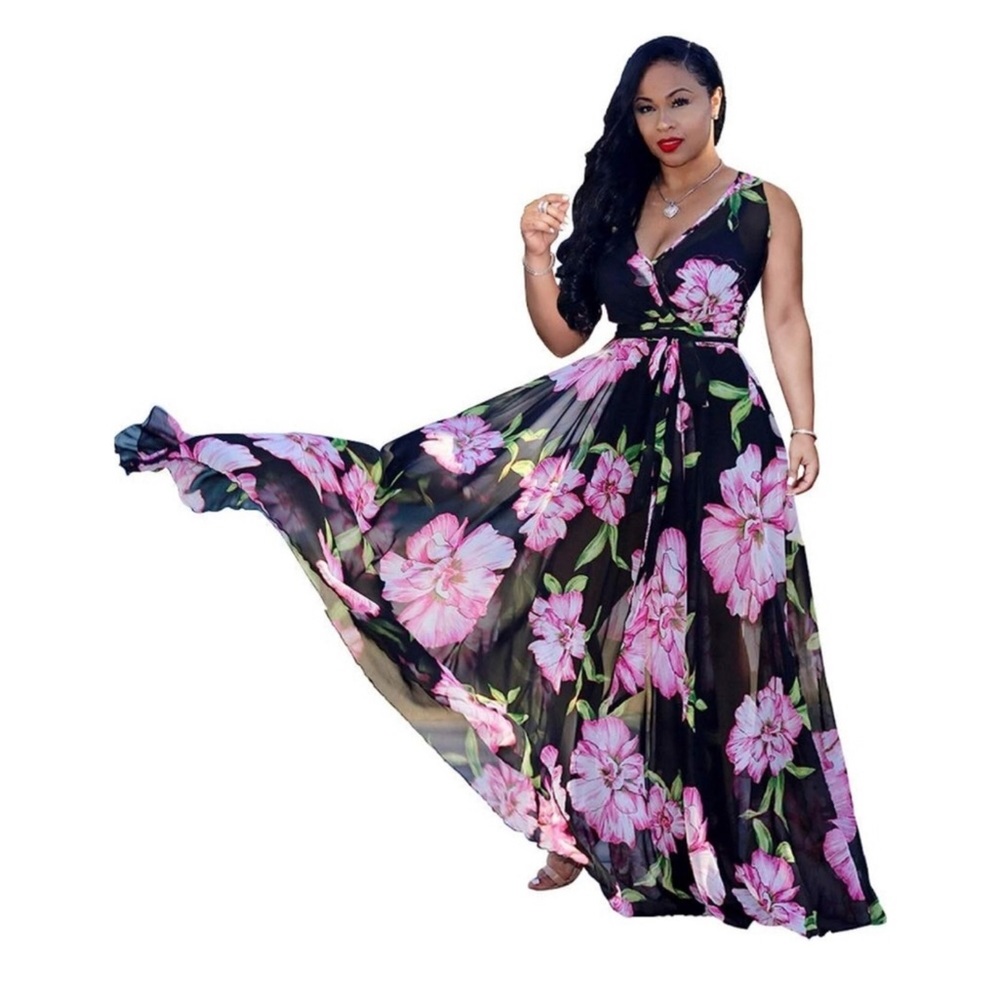 Women’s V-Neck Sleeveless Maxi Dress Blue Pink Floral - Picture 2 of 9